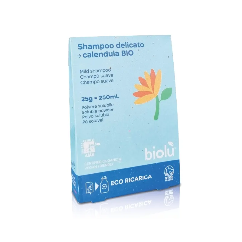 Champú suave de caléndula bio - polvo soluble eco-refill 25 g Champú suave de caléndula bio - polvo soluble eco-refill 25 g