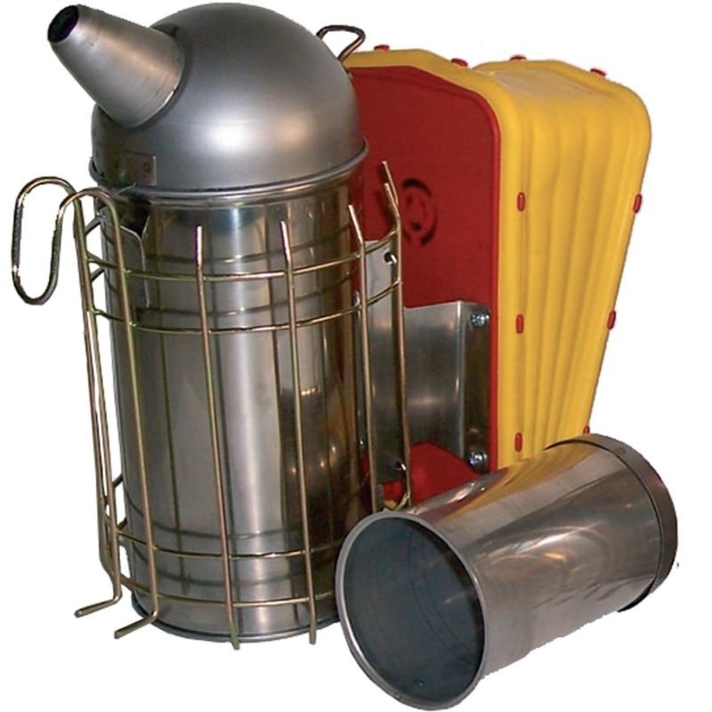 Stainless steel smoker for beekeeping  diameter cm 10 with protection with QI M34 bellows with cylindrical container for pellet