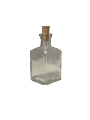 Botella cuadrada baja de cristal blanco de 250 ml con tapón de corcho