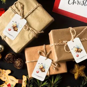 Etichette regalo con disegno di ape e cuore, con corda di canapa (10 pezzi)