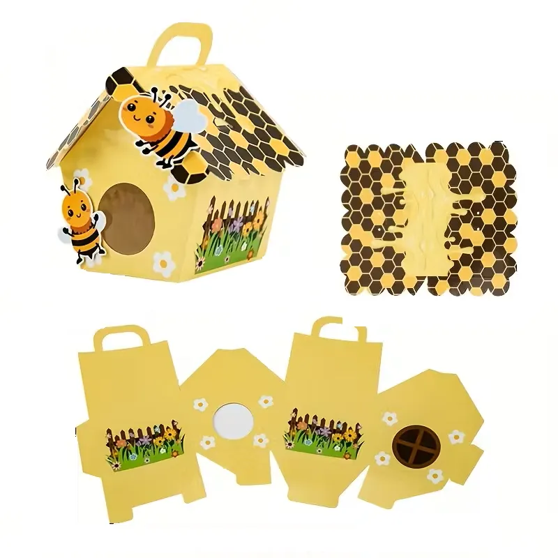 Yellow House-Shaped Gift Box with Cells and Bees - 5 Pieces