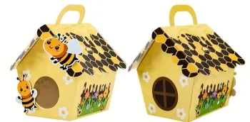 Gelbe Geschenkbox in Form eines Häuschens mit Waben und Bienen – 5 Stück