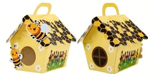 Gelbe, hausförmige Geschenkbox mit Zellen und Bienen - 5 Stück