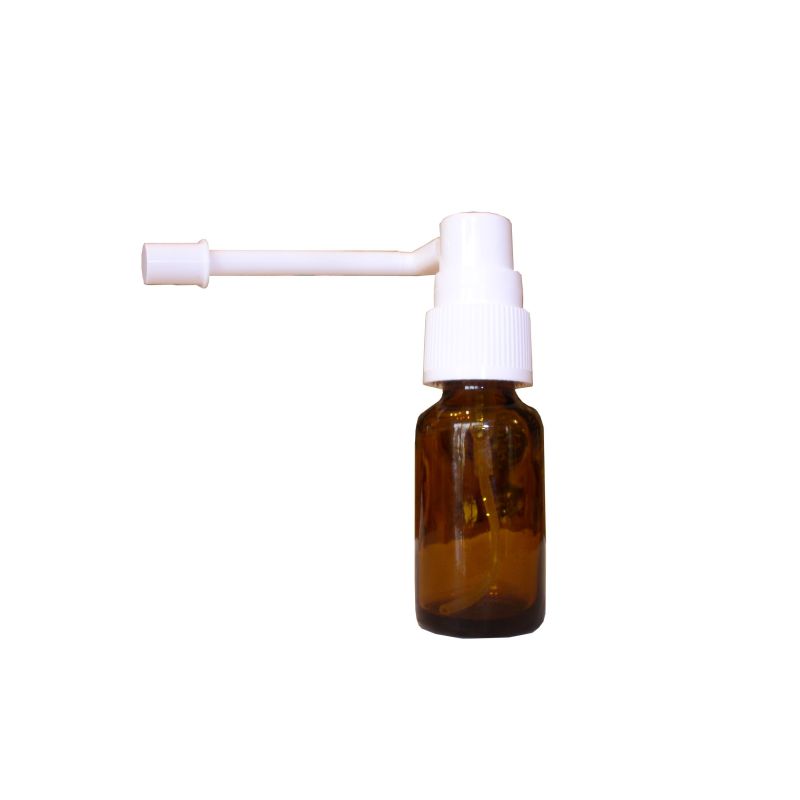 Flacon rond en verre jaune avec spray laryngé long 20 ml