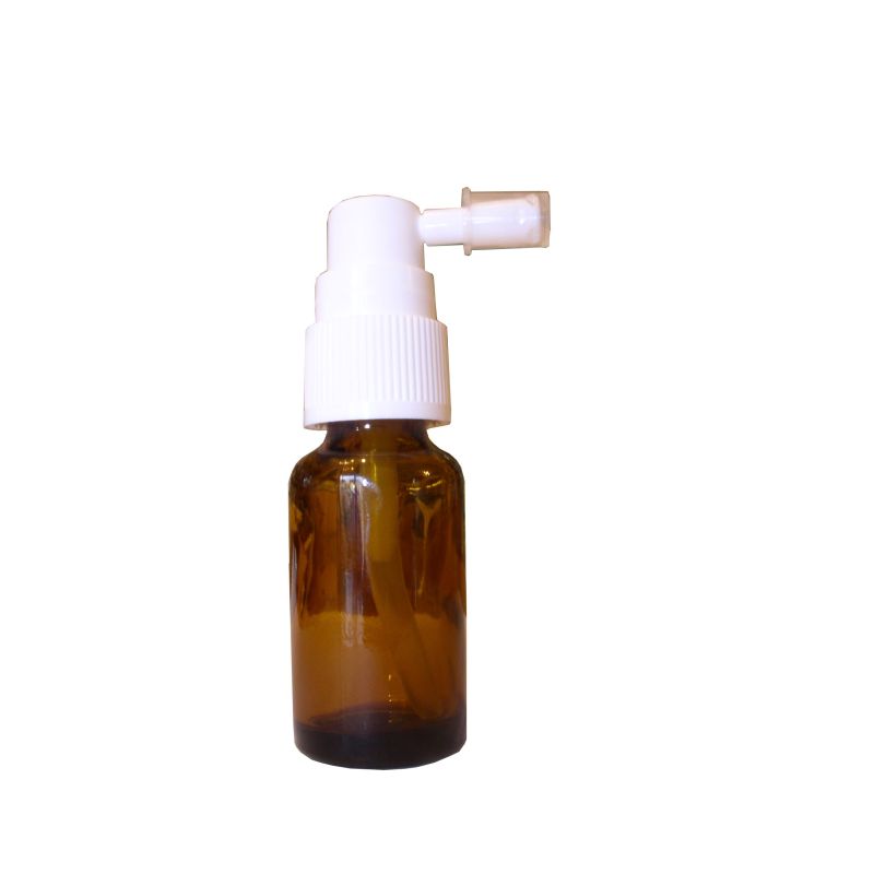 Gelbe glasrundflasche 15 ml mit kurzem kehlkopfspray